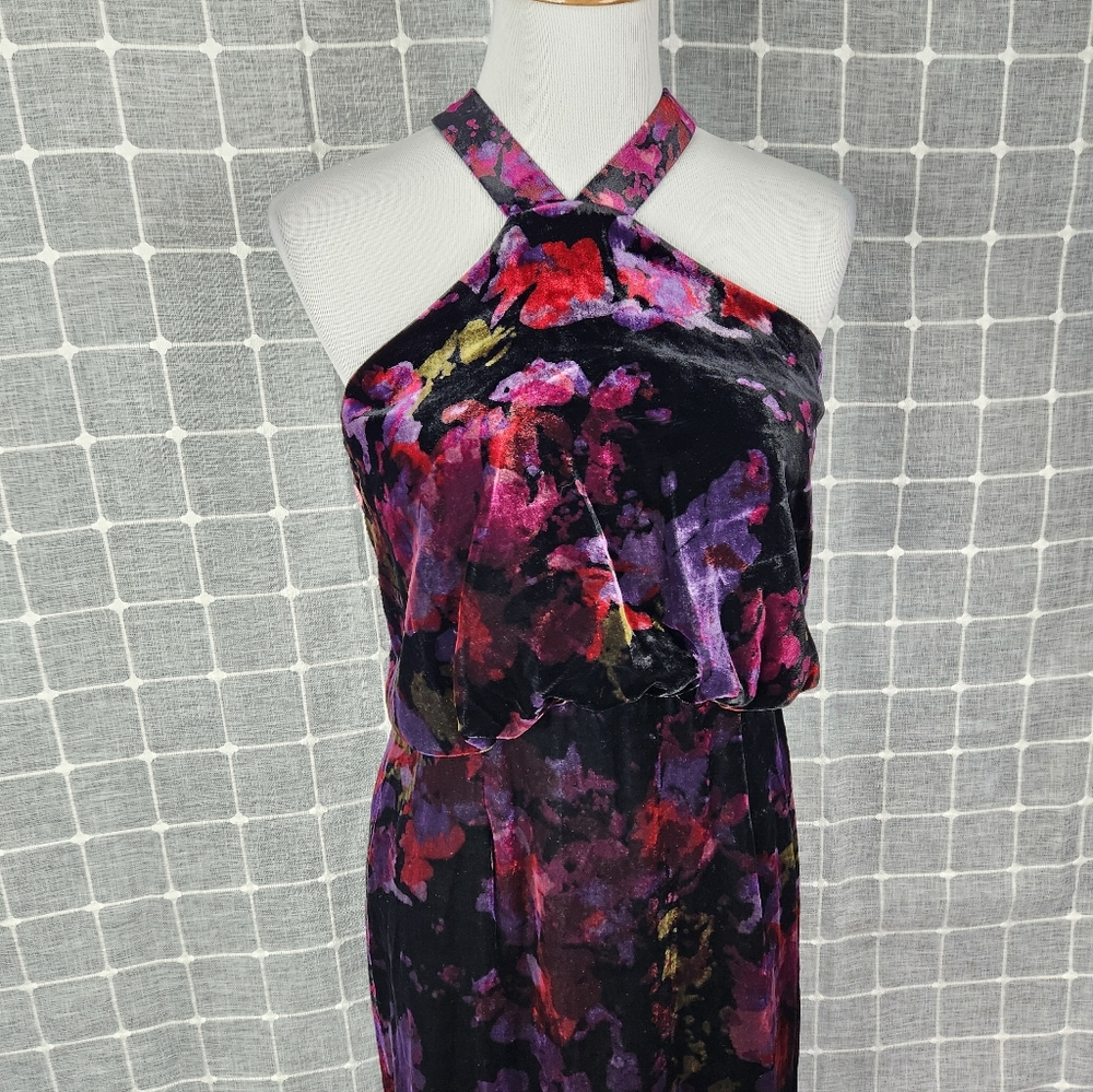 Aidan Mattox Floral Velvet Halter Gown - Picture 4 of 9